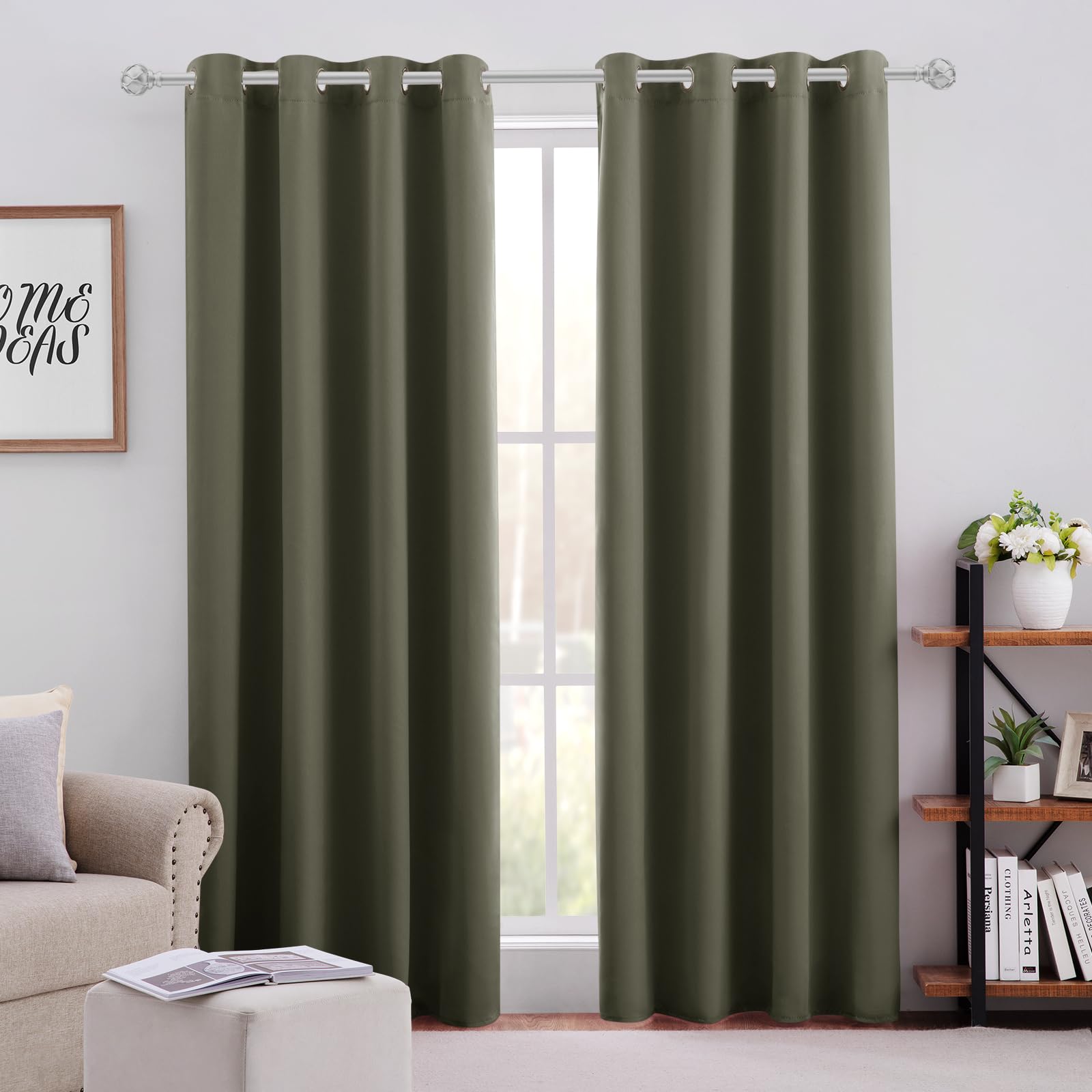 Homeideas Olive Green Blackout Curtains For Bedroom 52 X 84 Inch Length 2 Panels Set Room Darkening Curtains/Drapes, Soundproof